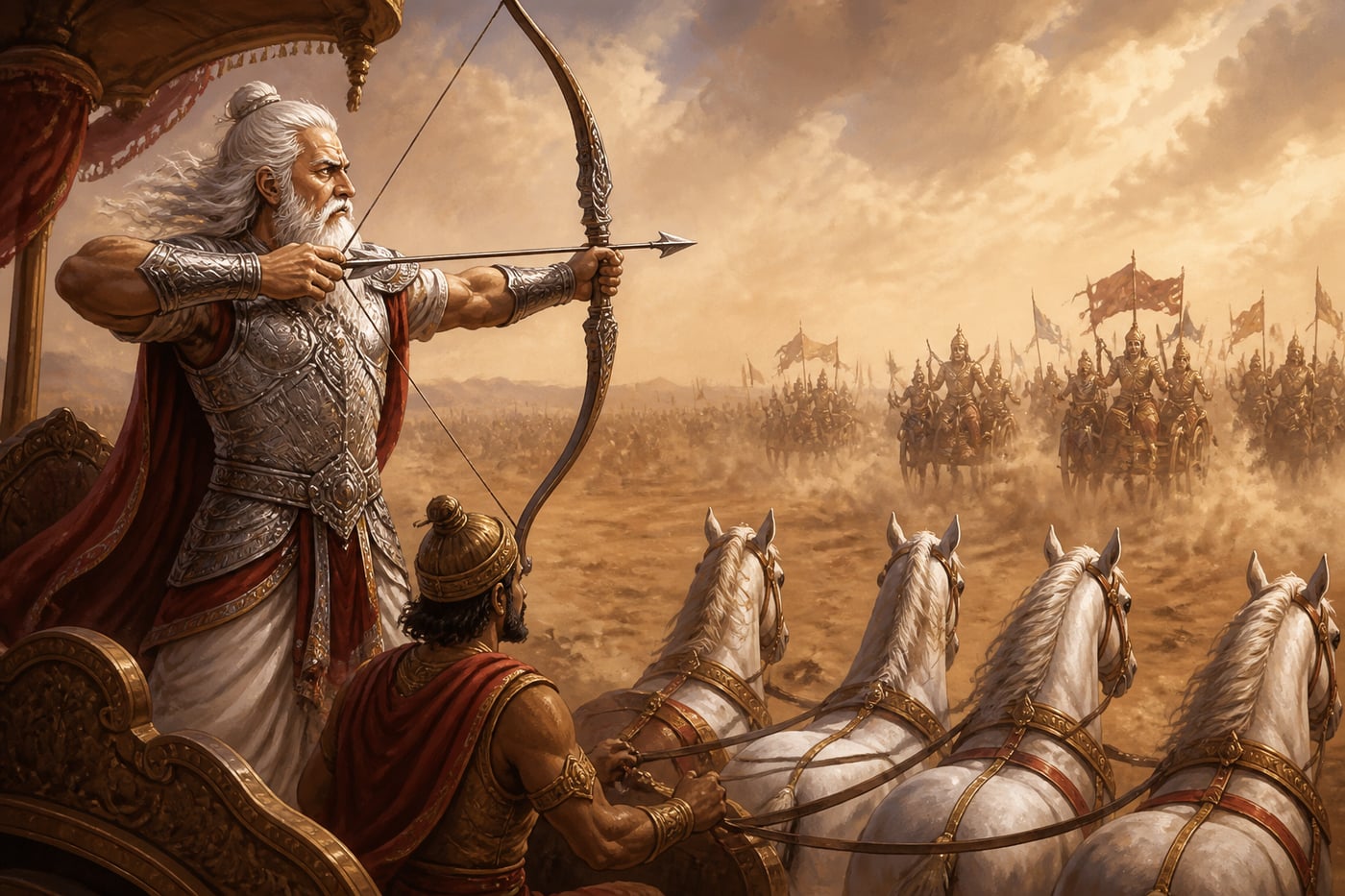 Bhishma bound by his old vow drawing his bow against his grandsons