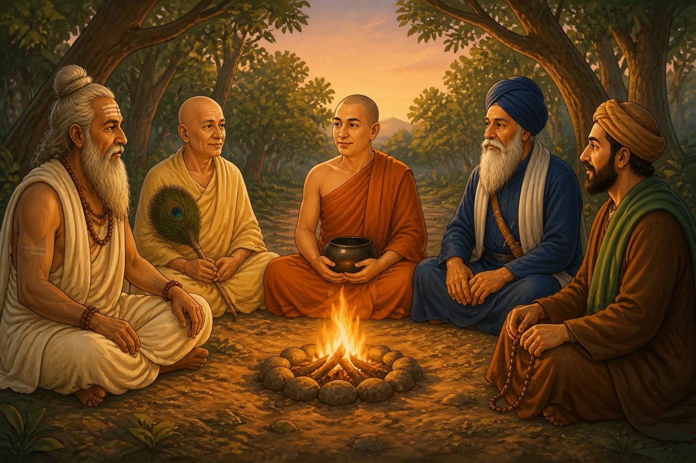 Five sages of different traditions seated around one steady fire