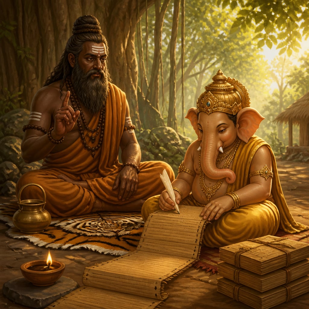 Vyasa dictating the Mahabharata to Ganesha in a forest hermitage