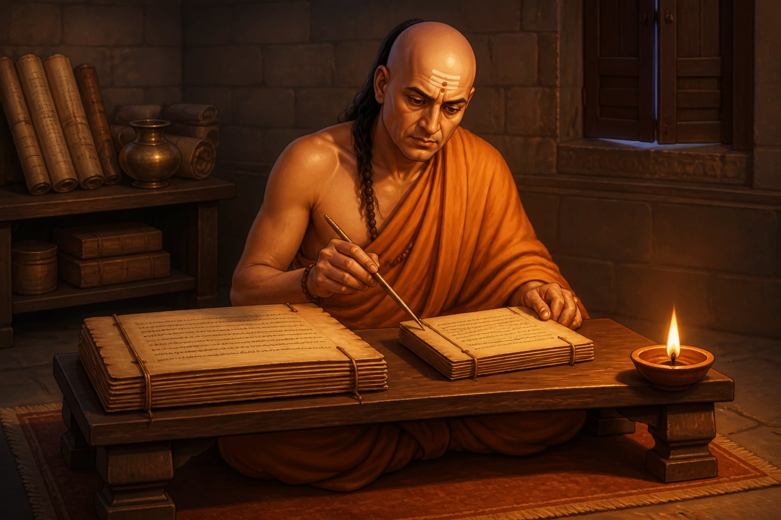 Kautilya verifying a treaty by lamplight