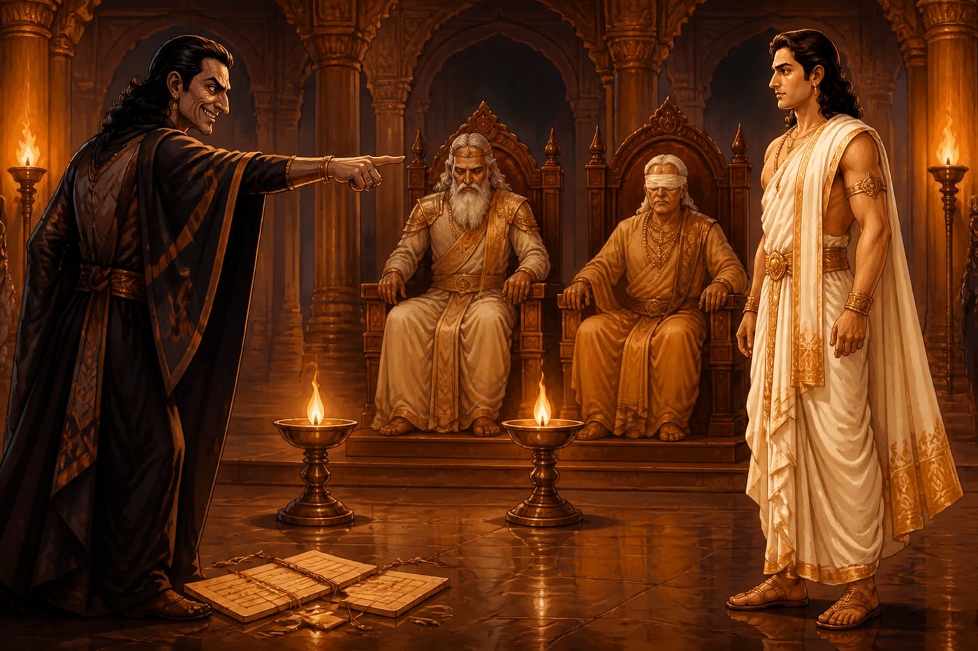 Shakuni shifting blame onto Yudhishthira in the Kuru sabha
