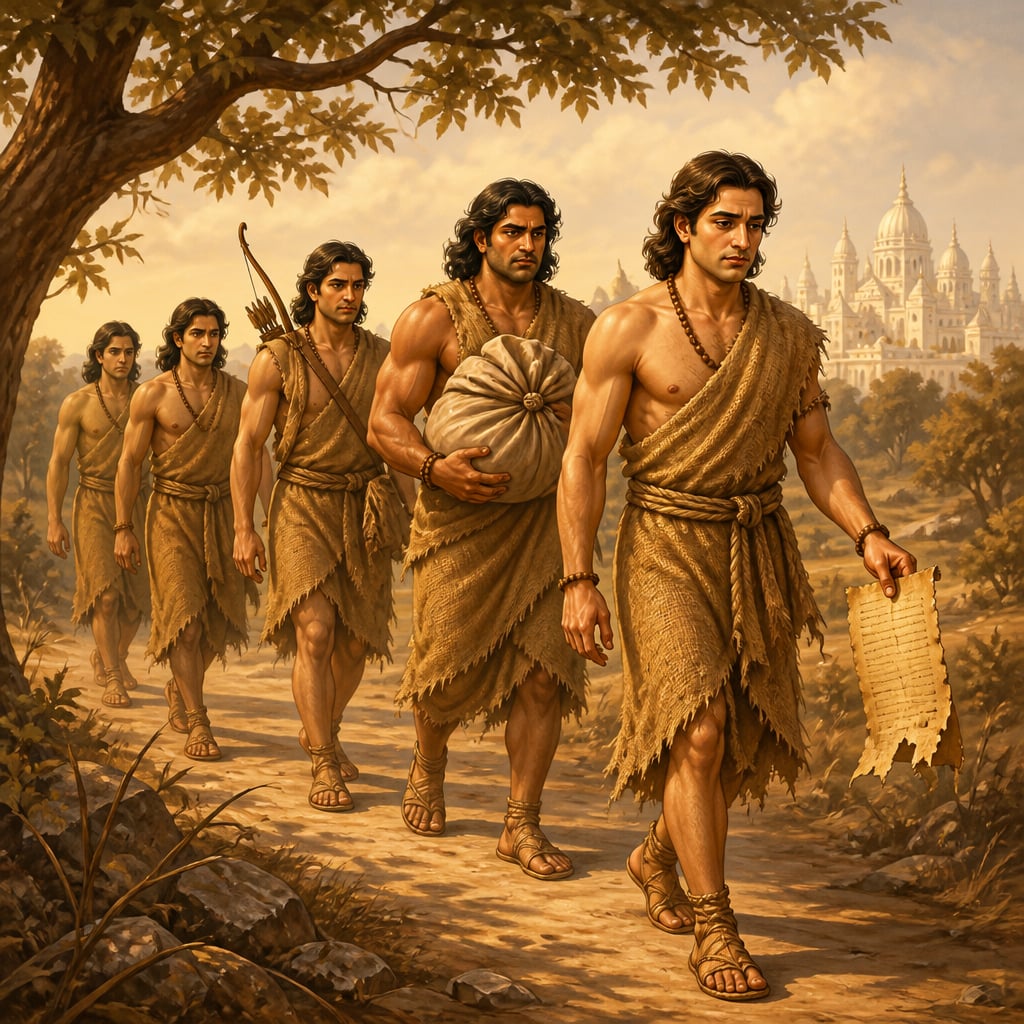 Pandavas walking into forest exile after a broken treaty