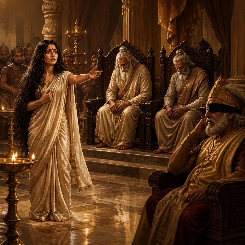 Draupadi appealing in the silent Kuru sabha