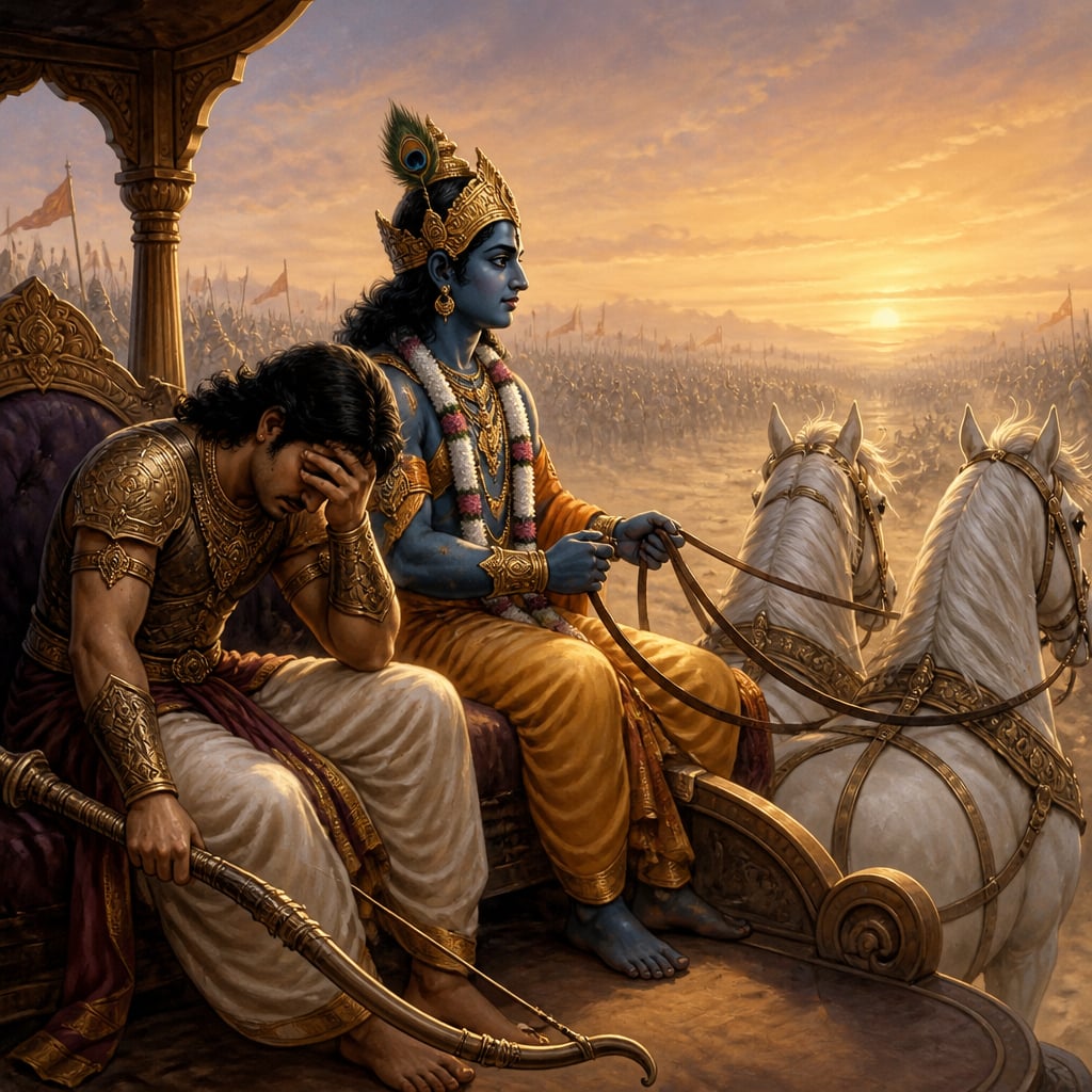 Arjuna paralyzed in his chariot as Krishna stays calm