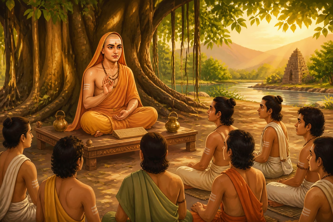 Adi Shankaracharya teaching the Viveka response under a banyan