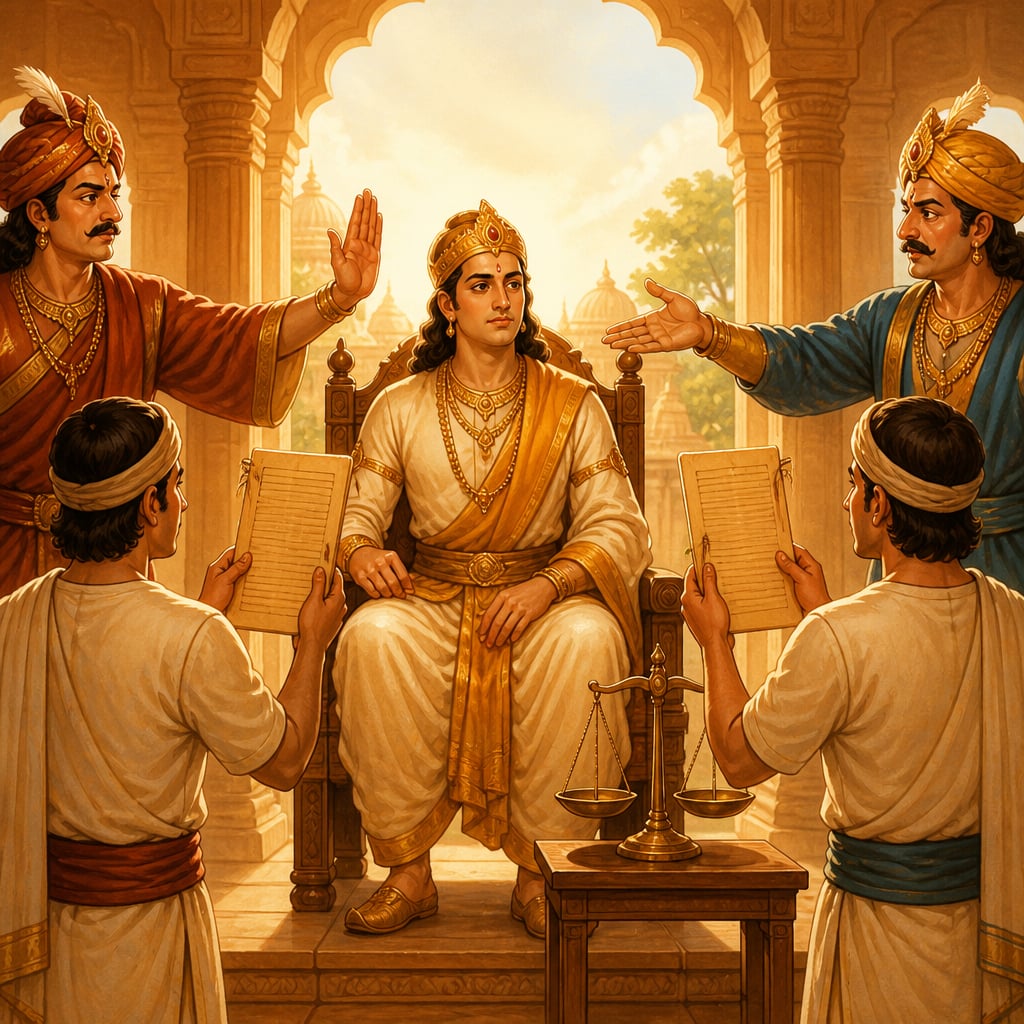 Yudhishthira as the dharmic king discerning between two petitions