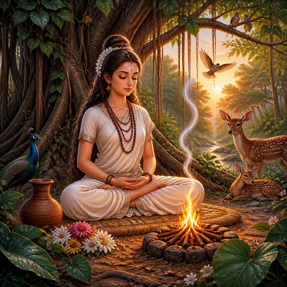 Sati in tapasya beneath a banyan tree