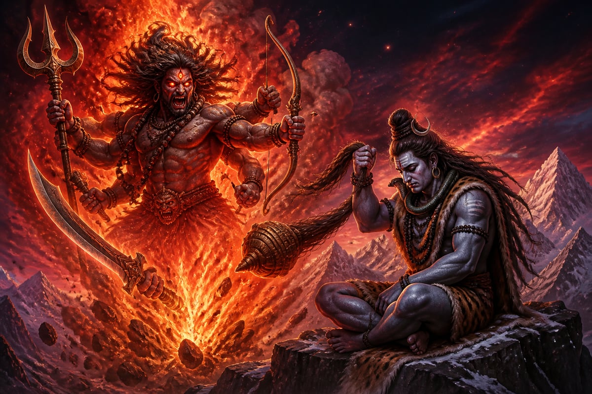 Virabhadra emerging from Shiva's torn lock of hair