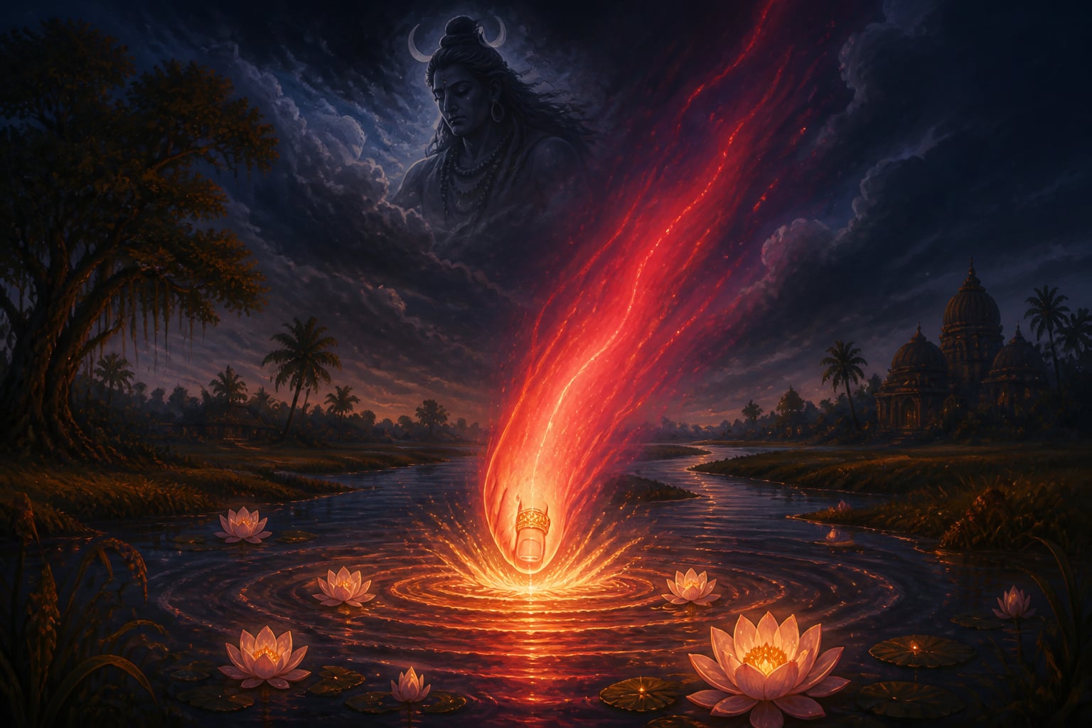 Sati's right toe falling toward the Adi Ganga at night