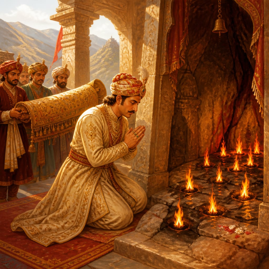 Akbar kneeling at Jwalamukhi with golden canopy offering
