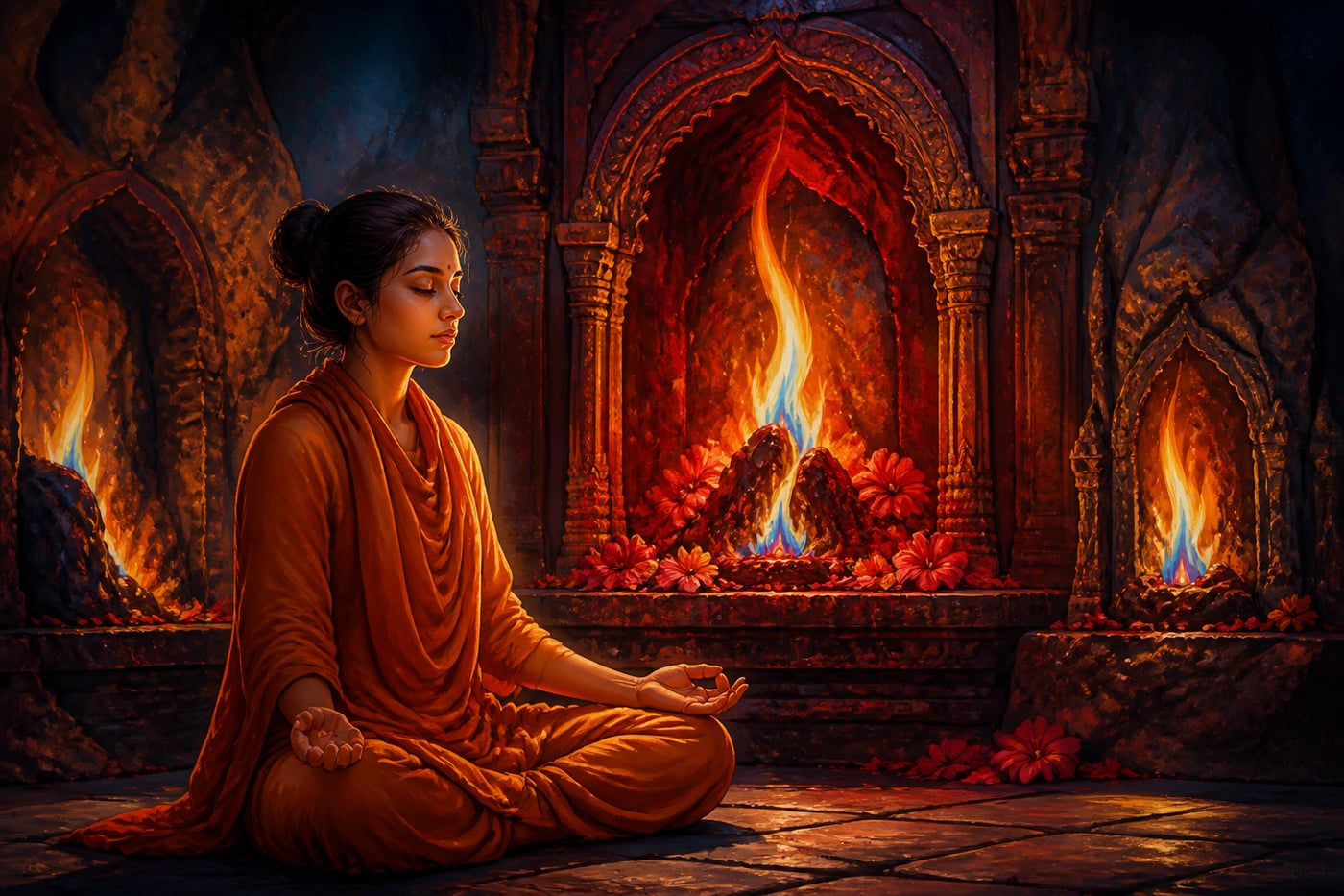 A Tantric practitioner meditating before the sacred flame at dawn
