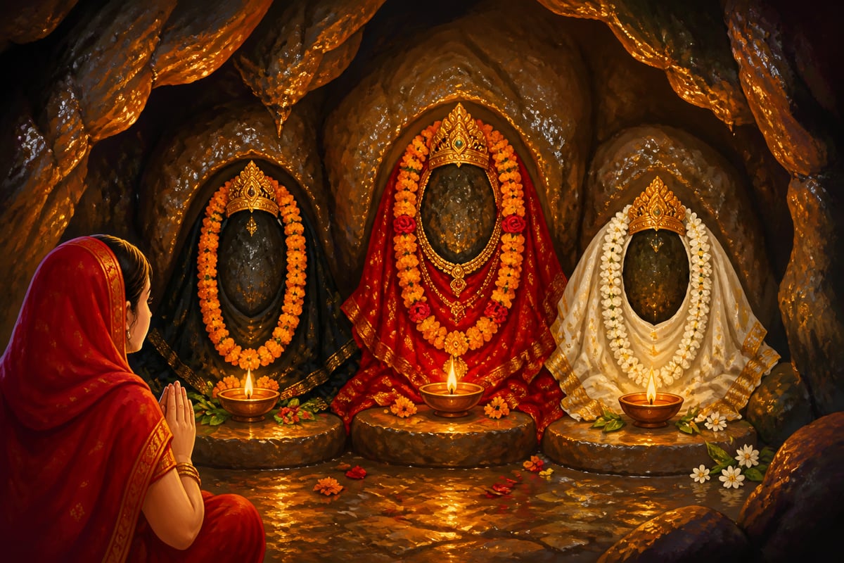 The three pindis of Mahakali Mahalakshmi Mahasaraswati in the cave