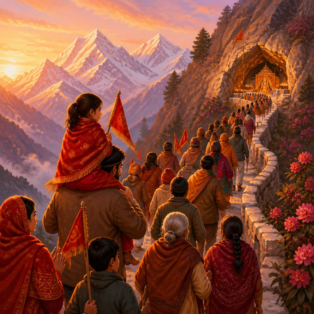 Pilgrims ascending Trikuta mountain path to Vaishno Devi at dawn