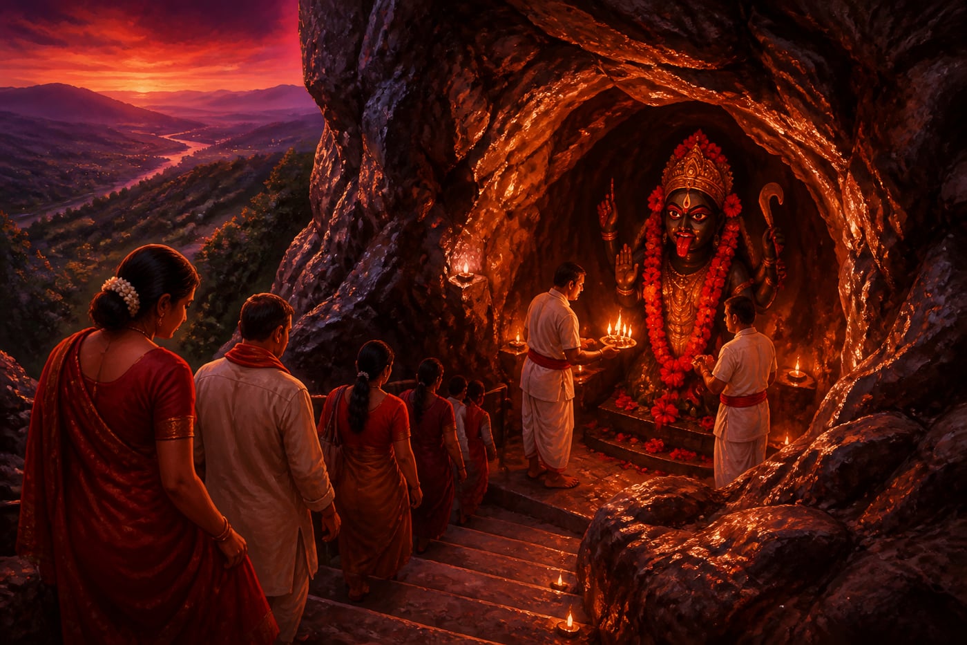 Kali Khoh natural cave shrine at twilight