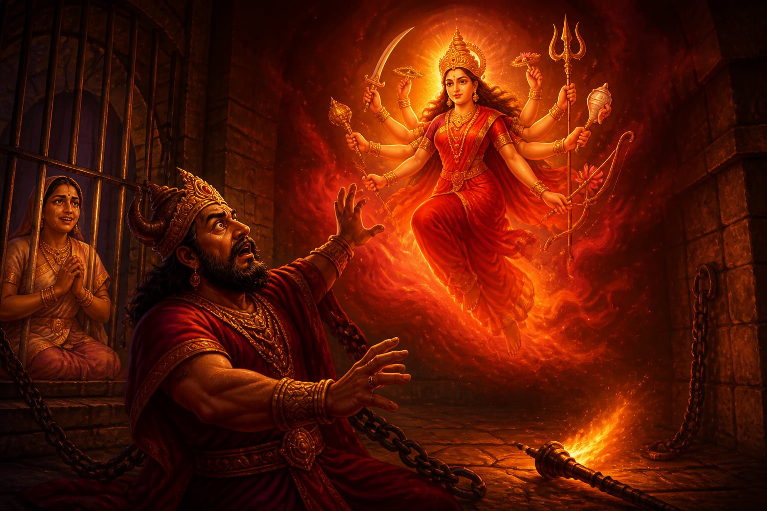 Baby Yogamaya rising from Kamsa's grasp to proclaim Krishna's birth