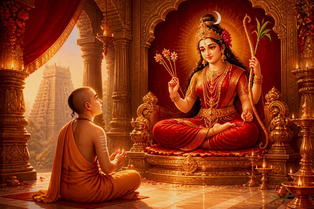 Kamakshi seated in lotus posture with sugarcane bow