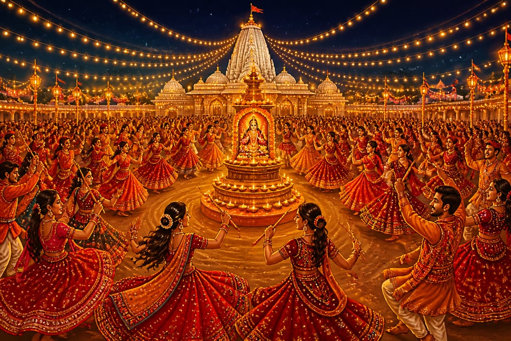 A circle of Garba dancers at Ambaji Navratri