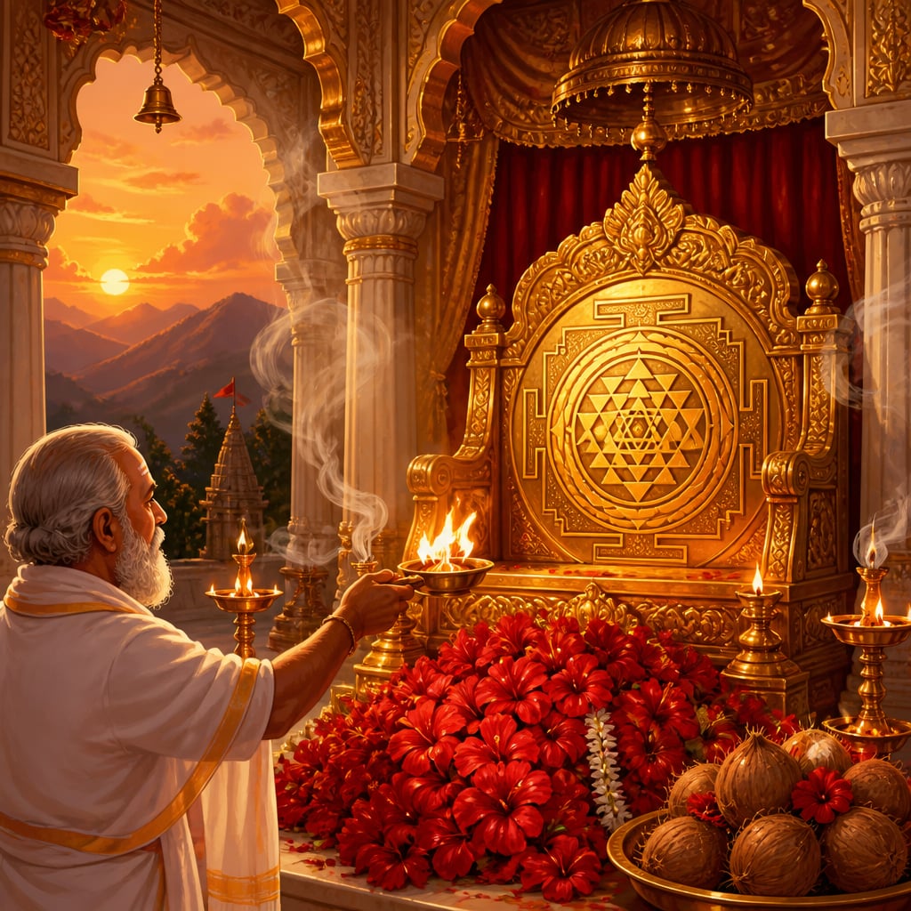 Ambaji sanctum at twilight with golden Sri Yantra on the throne