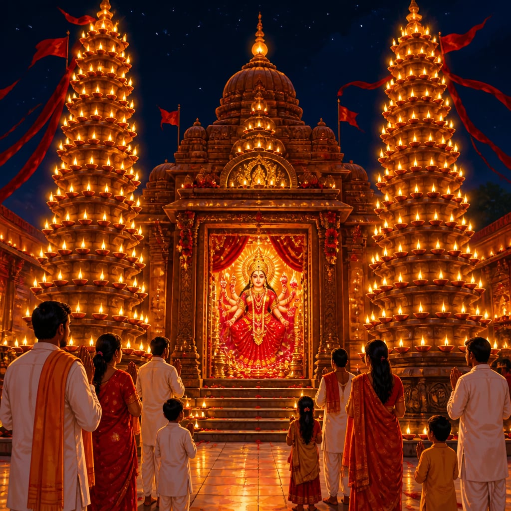 Harsiddhi temple deepmalas ablaze with hundreds of lamps on Navaratri
