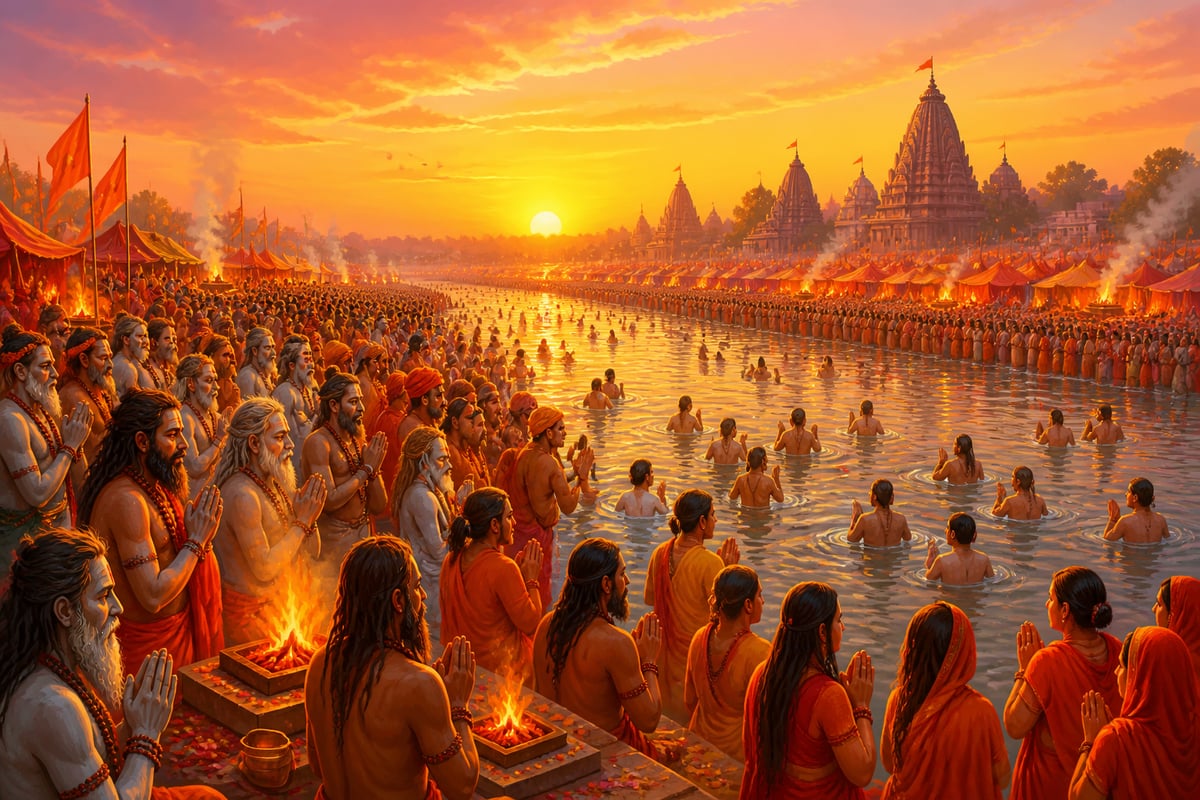 Sadhus and pilgrims at the Simhastha Kumbh on the Shipra
