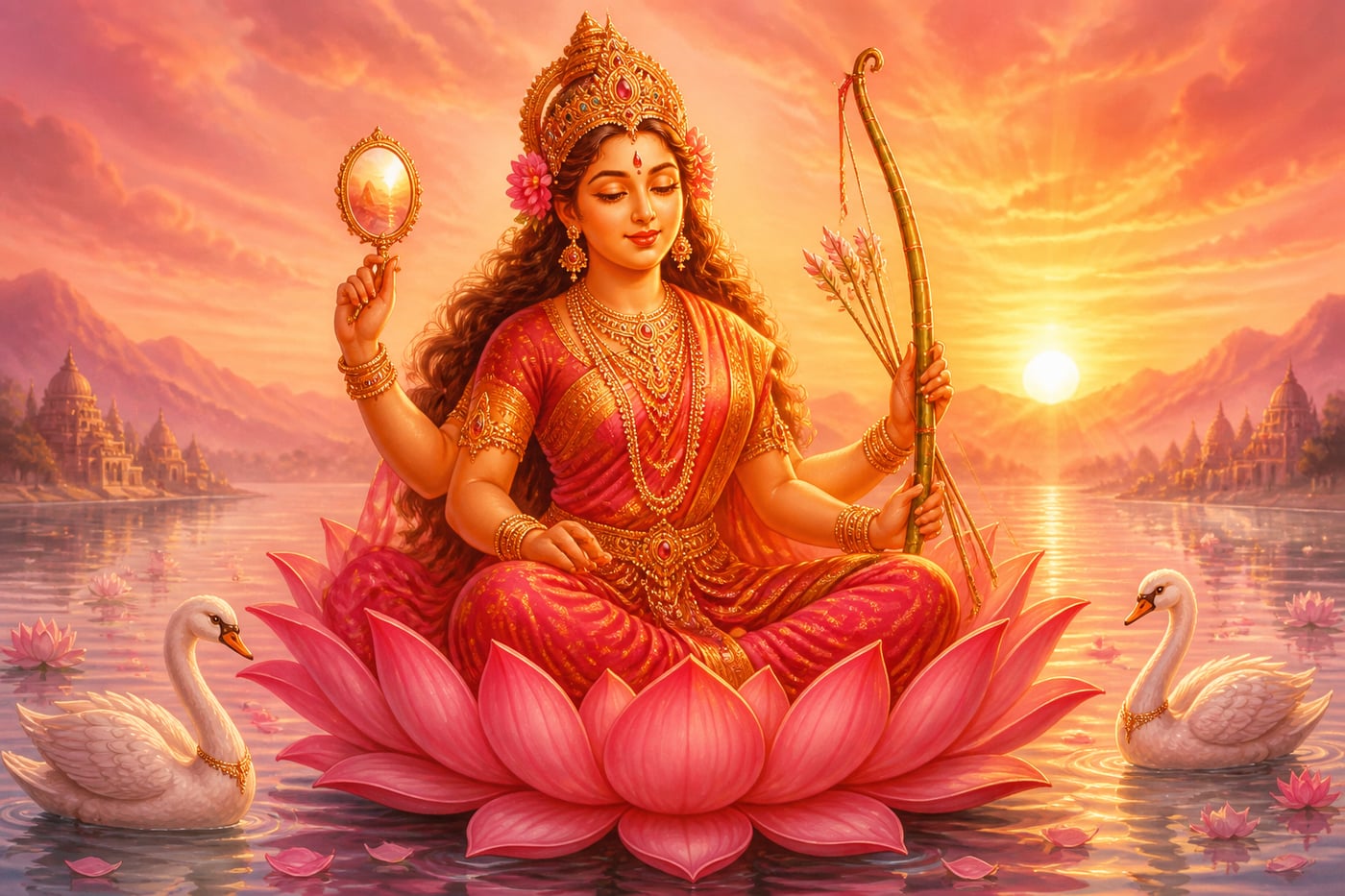 Tripura Sundari seated on a pink lotus in an ocean of nectar