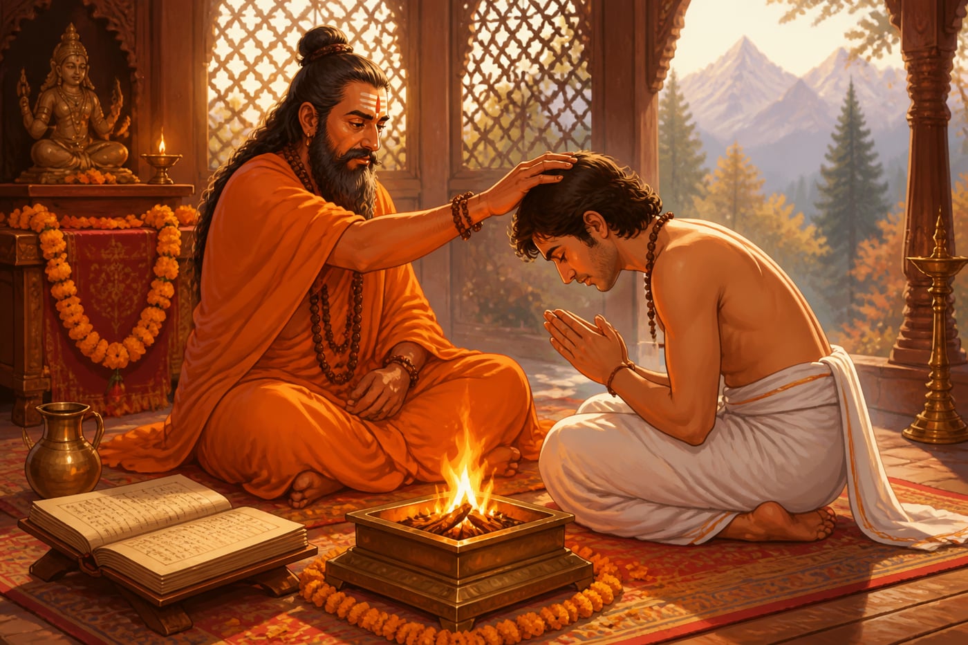 Diksha initiation: a tantric guru transmitting mantra to a disciple