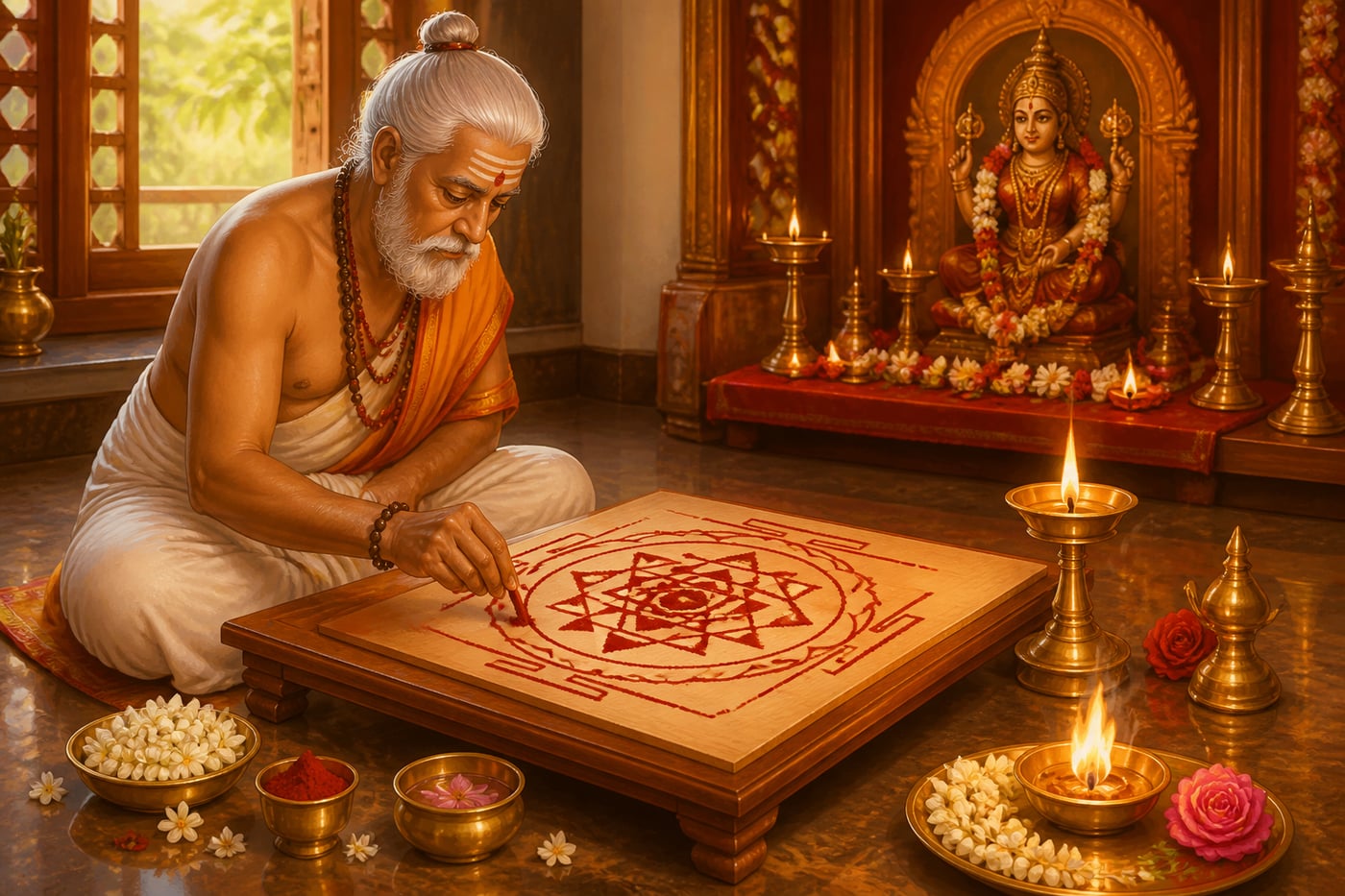 A Sri Vidya practitioner drawing the Sri Yantra in kumkum