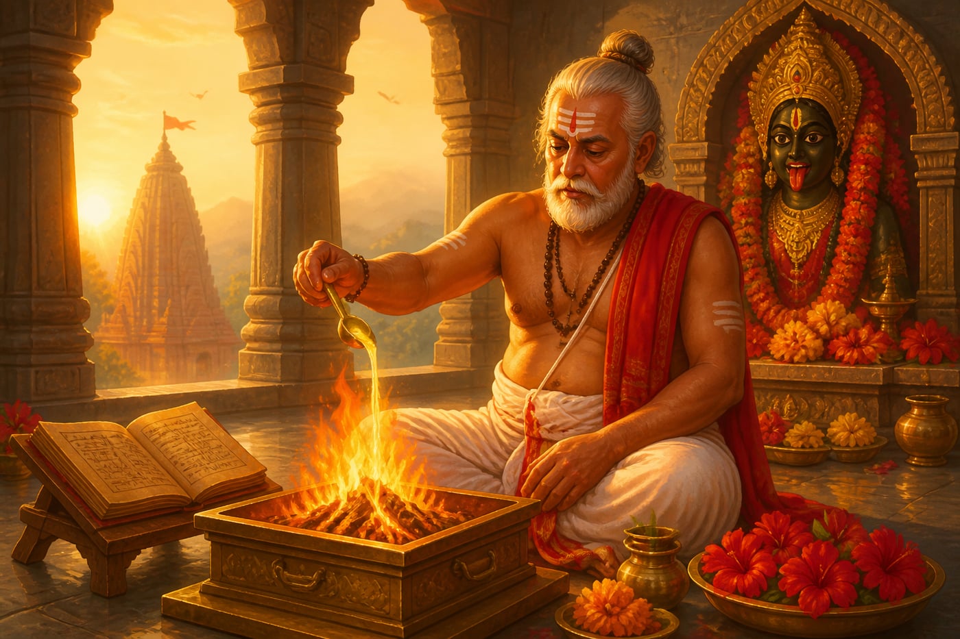A tantric pujari performing morning havan at a Shakti Peetha