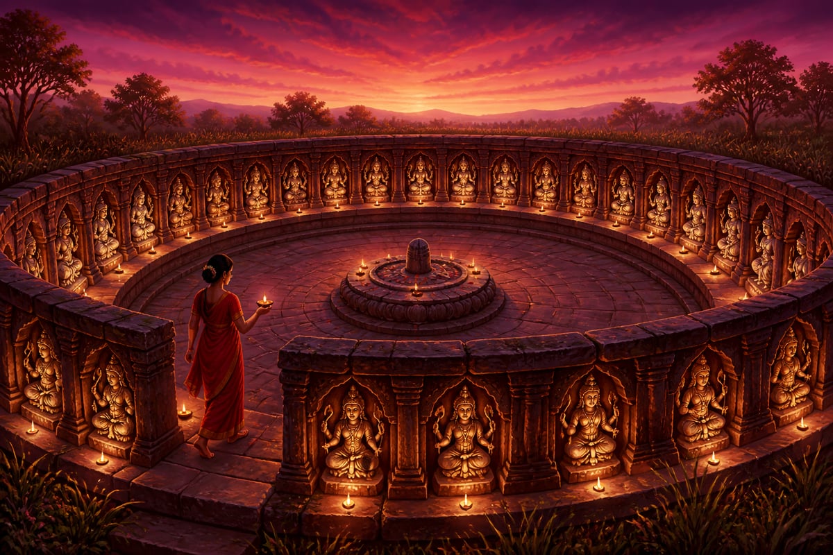 A circular Chausath Yogini temple at twilight