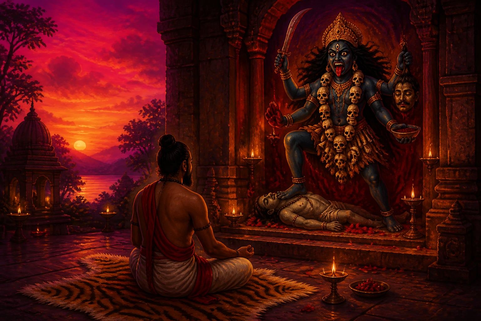 Ugratara sanctum at dusk with a Tantric sadhaka in meditation