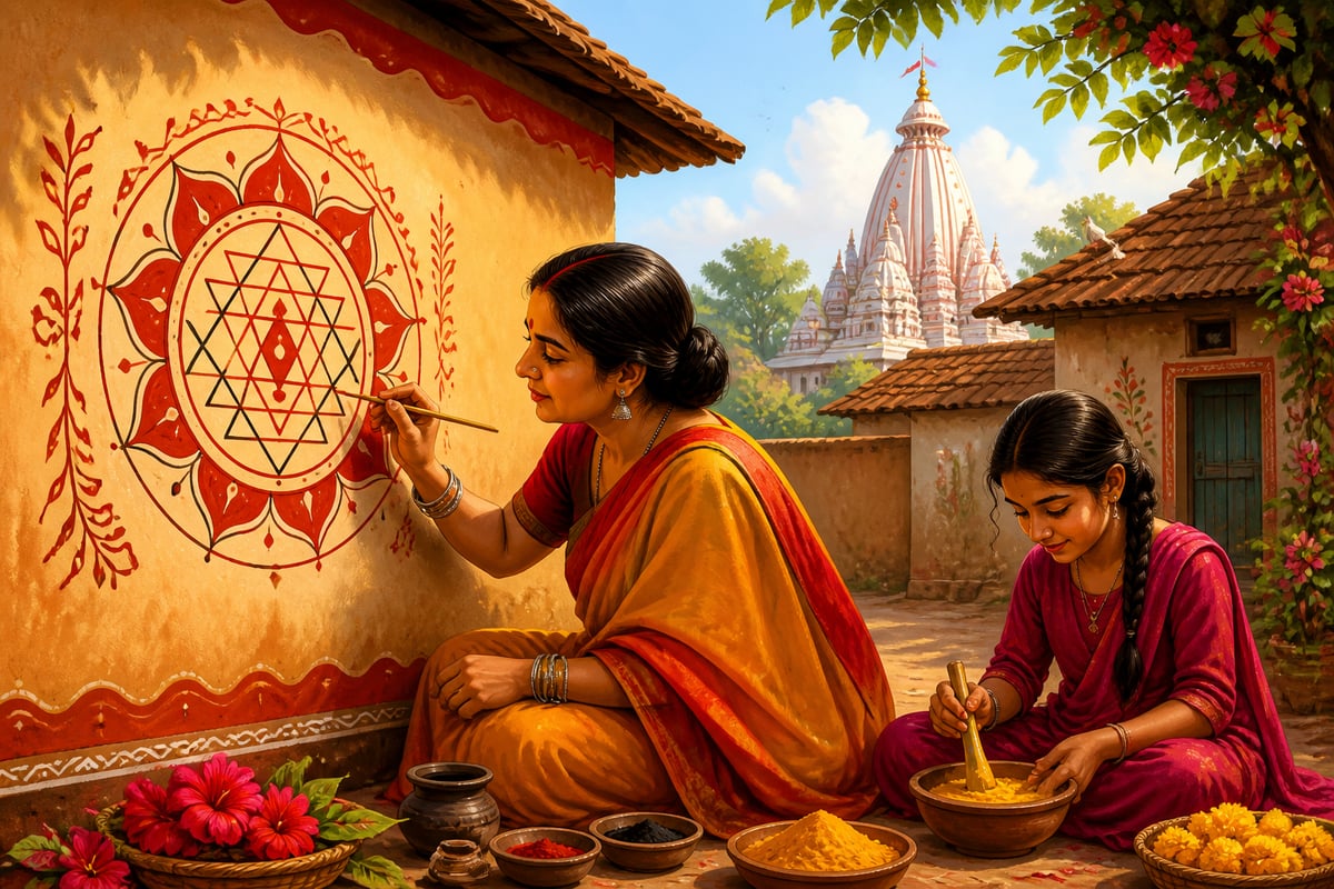 A Mithila woman painting a goddess yantra in a Bihar village courtyard
