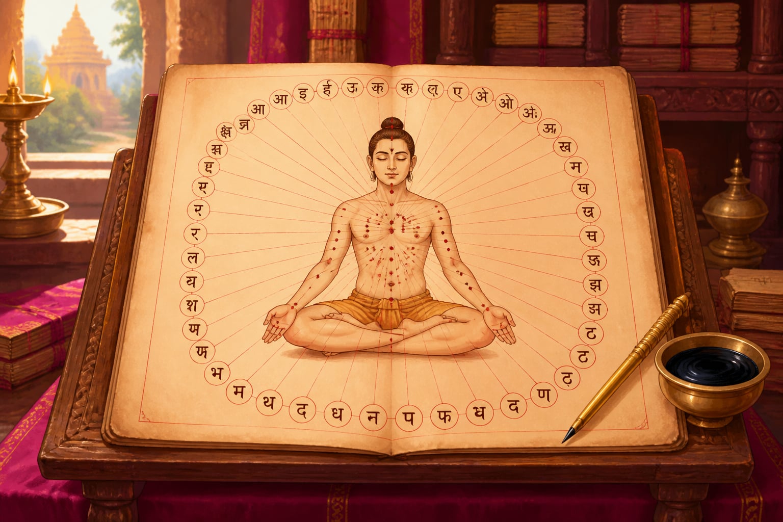 A palm-leaf diagram mapping the 51 Sanskrit phonemes to body points