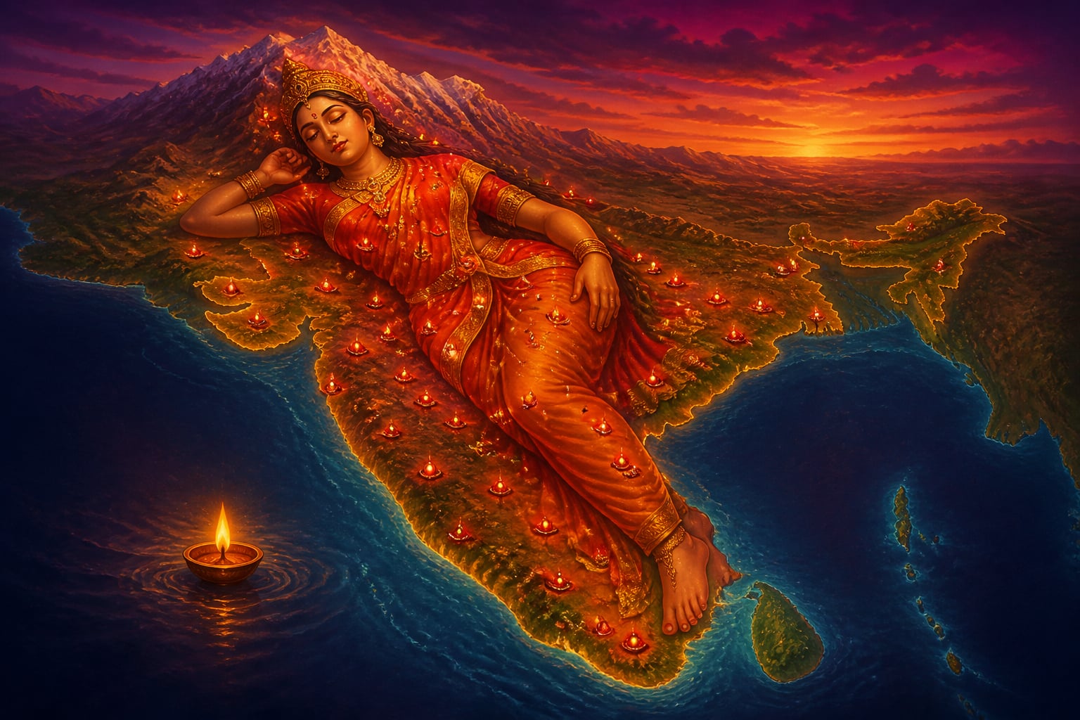 Bharat Mata reclining across the subcontinent with peetha bindus glowing across her body
