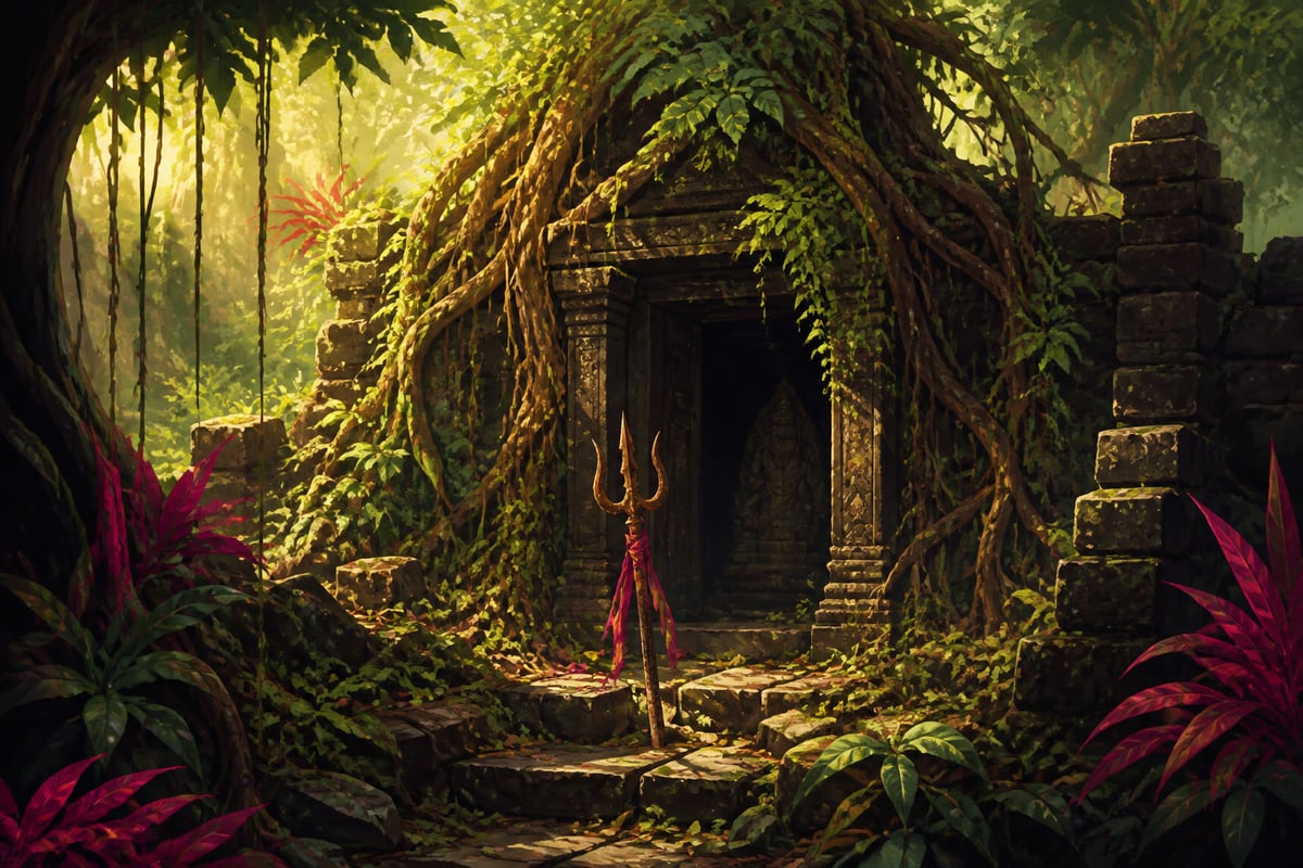 A lost goddess shrine reclaimed by jungle vines and roots