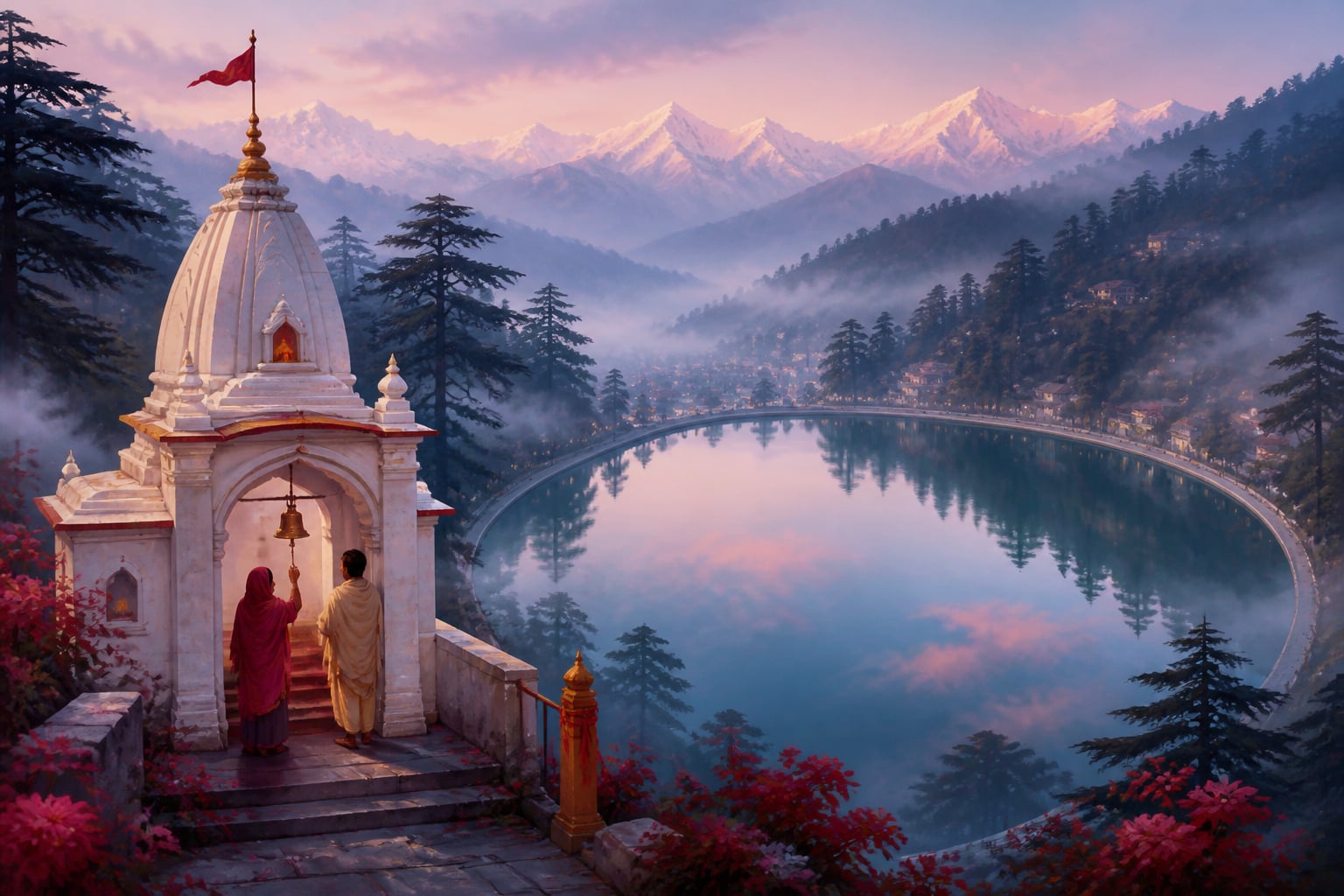The Naina Devi temple above Lake Nainital in the early morning mist