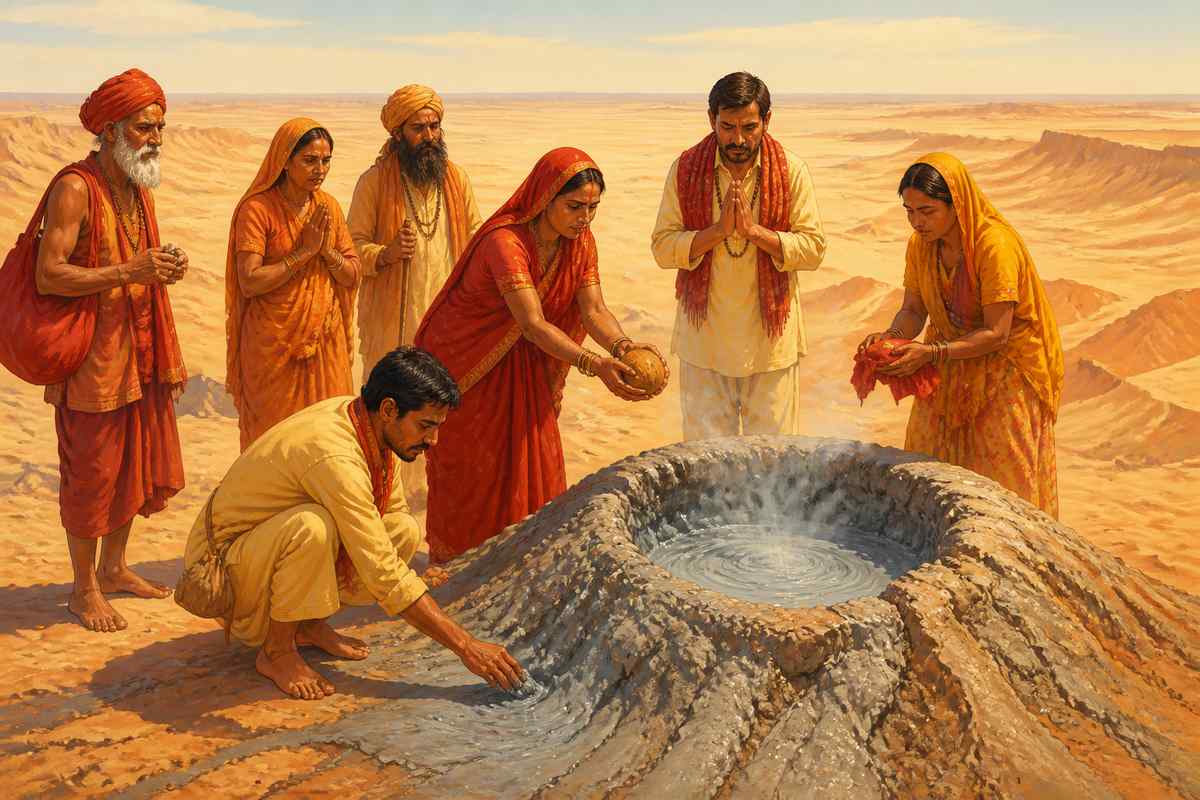 Hindu pilgrims offering at the Chandragup mud volcano during the Hinglaj yatra