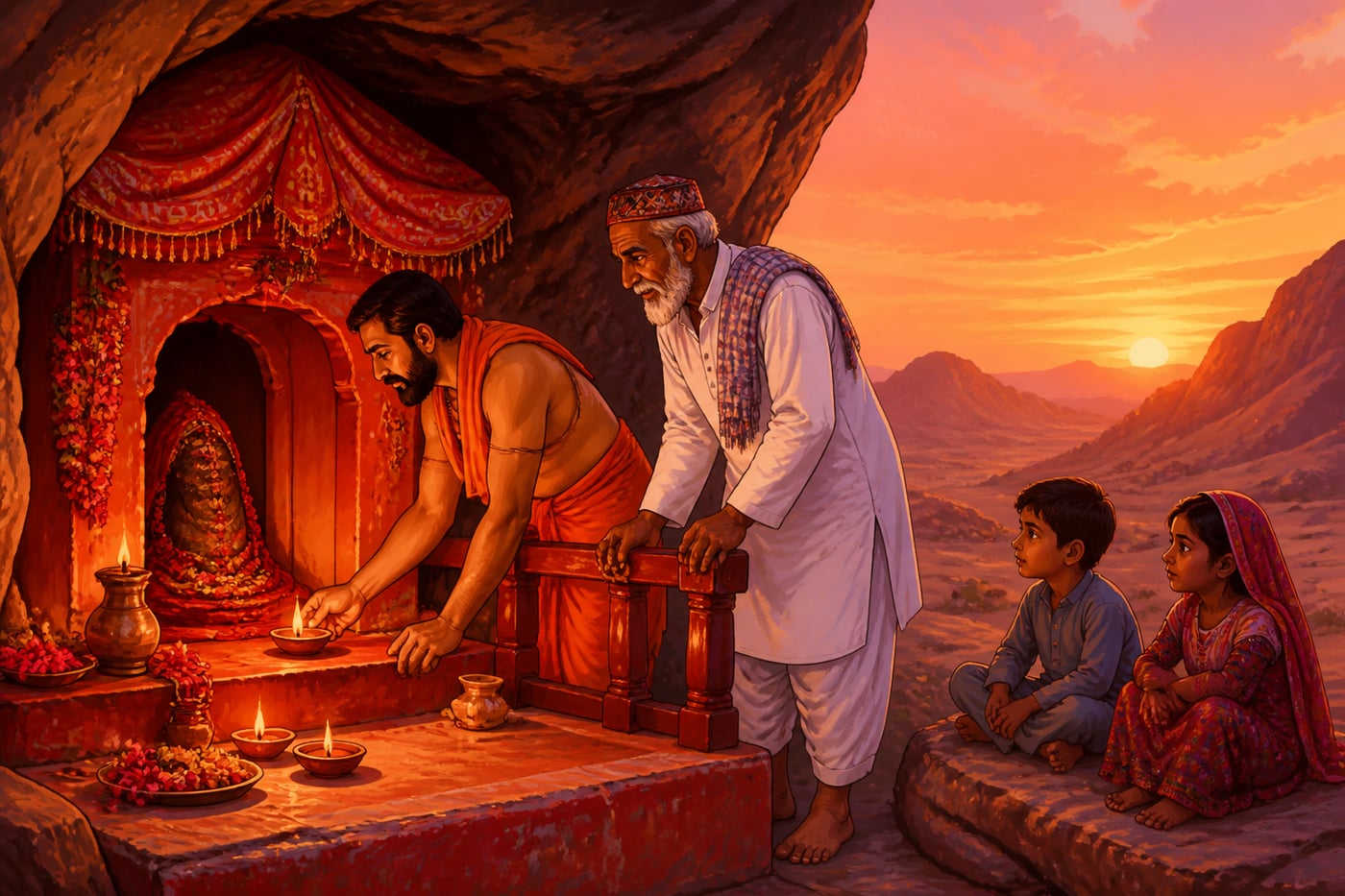 A Hindu Bhil priest and a Baloch Muslim elder tending the Hinglaj shrine at dusk