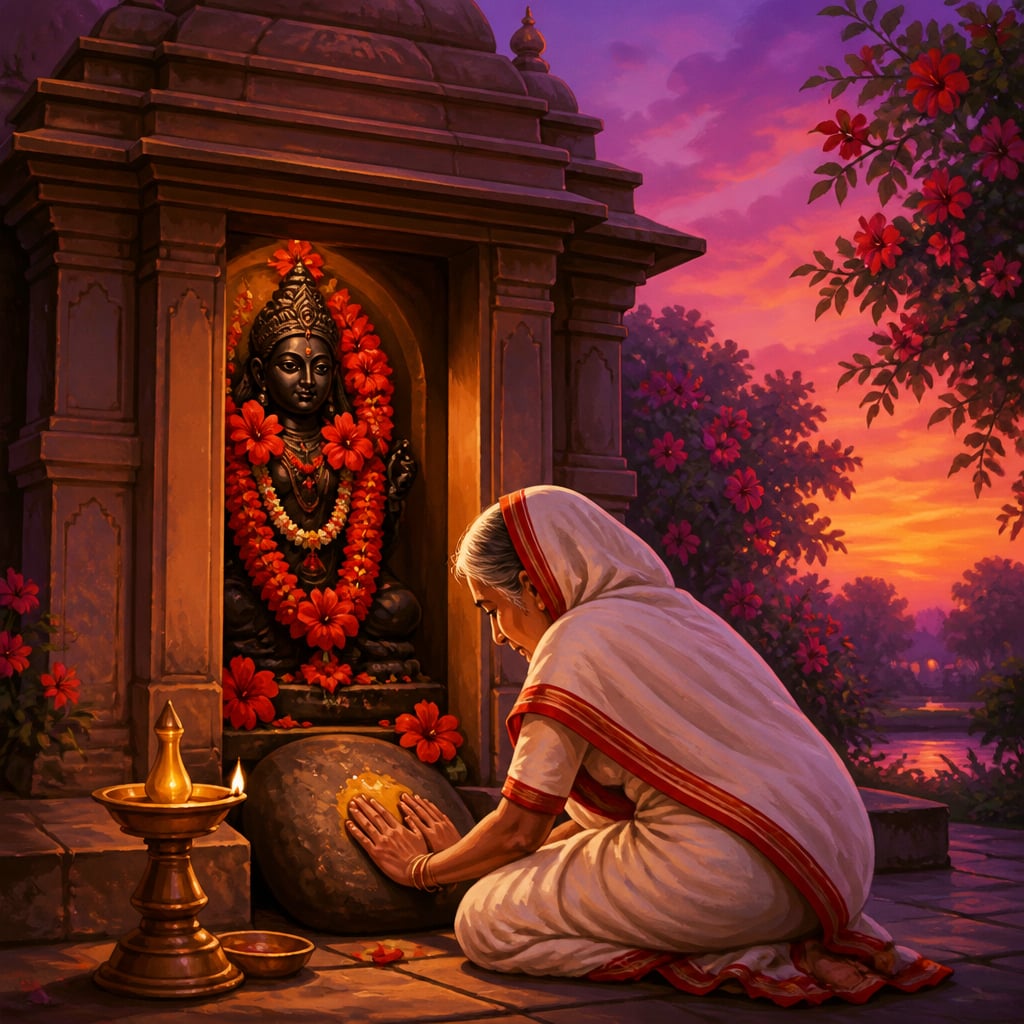 Jessoreswari Mata shrine at dusk with a Bengali devotee