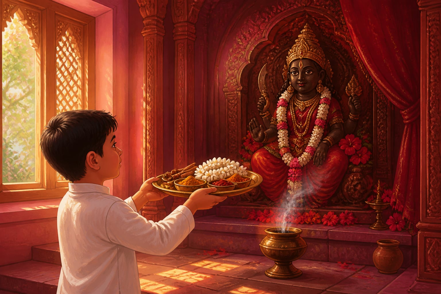 A Bengali boy offering jasmine and aromatic incense at the Sugandha shrine