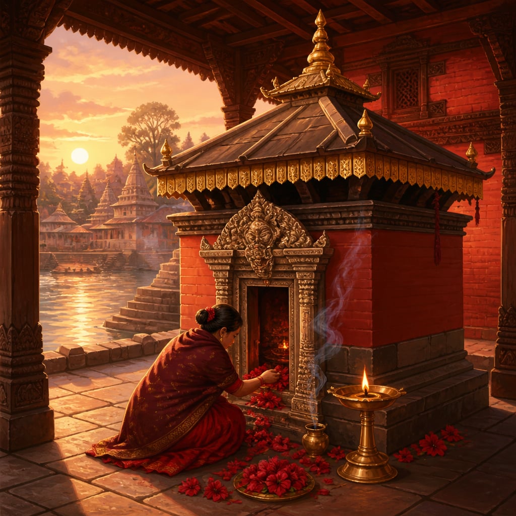 Guhyeshwari temple courtyard on the banks of the Bagmati at first light