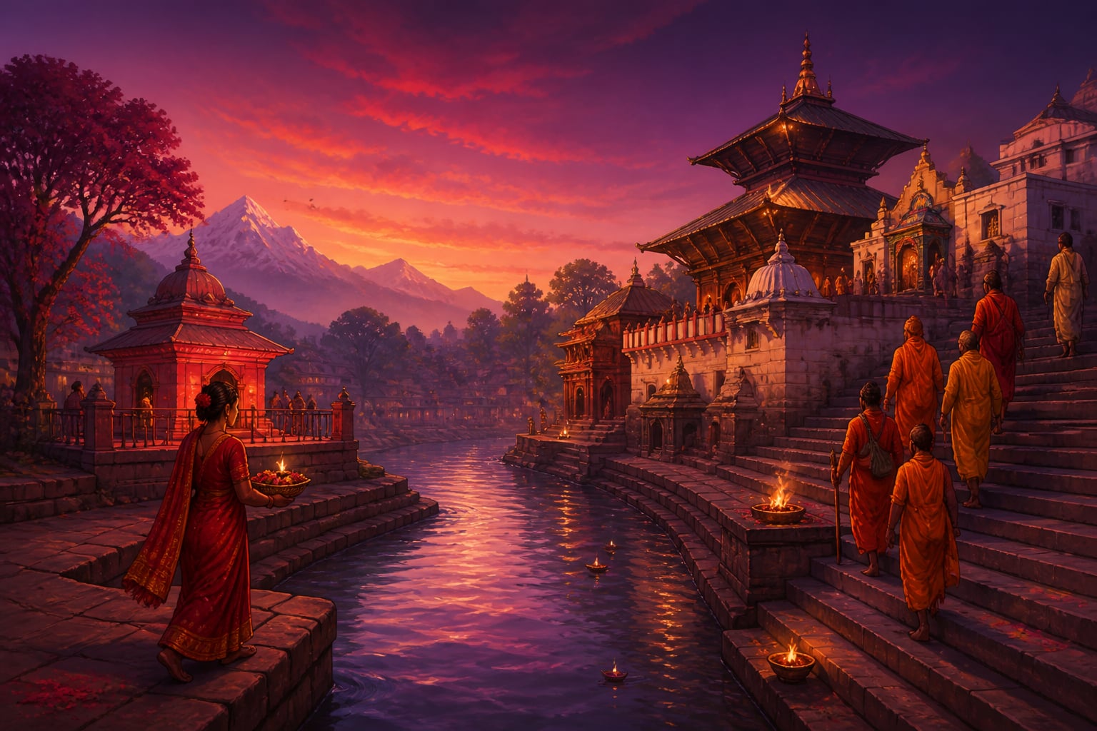The Bagmati River connecting Pashupatinath and Guhyeshwari at dusk