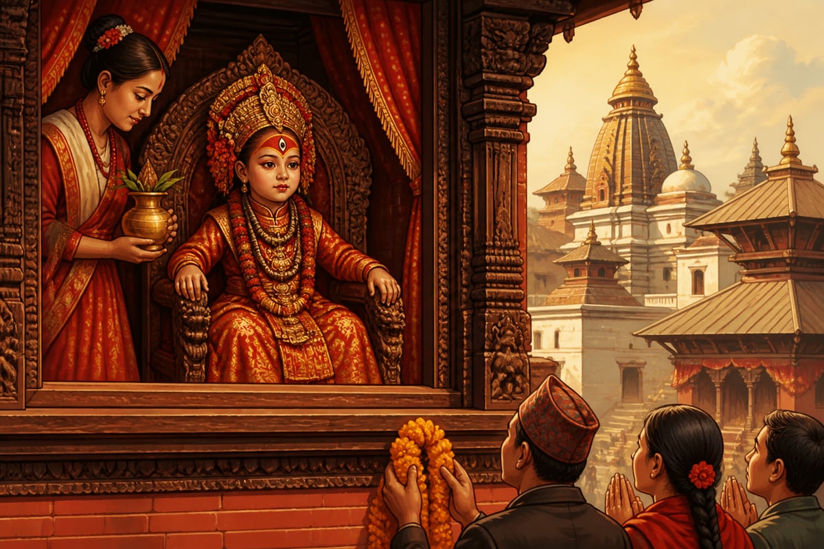 The Royal Kumari seated at her ceremonial window in the Kumari Ghar