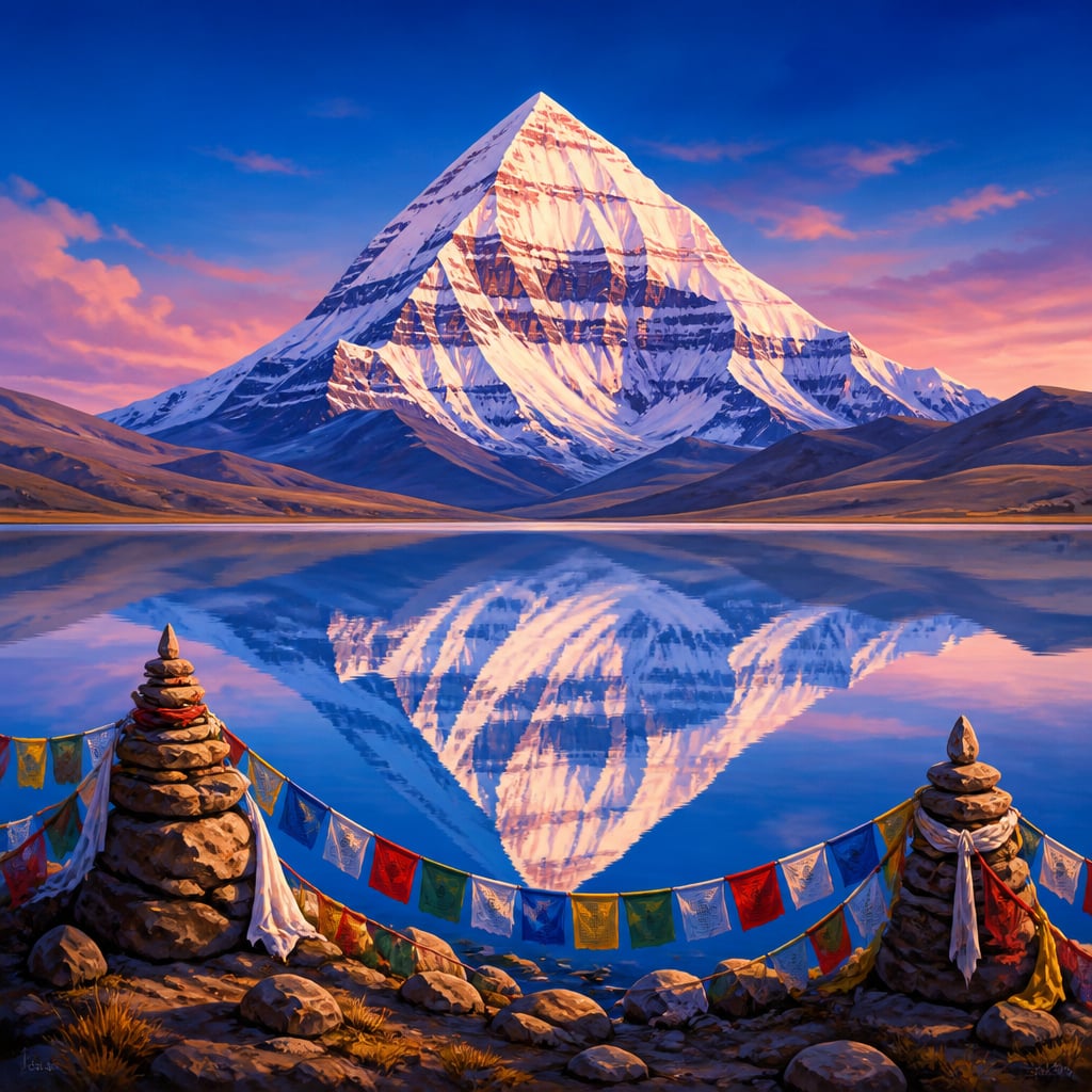 Mount Kailash reflected in Lake Manasarovar at dawn