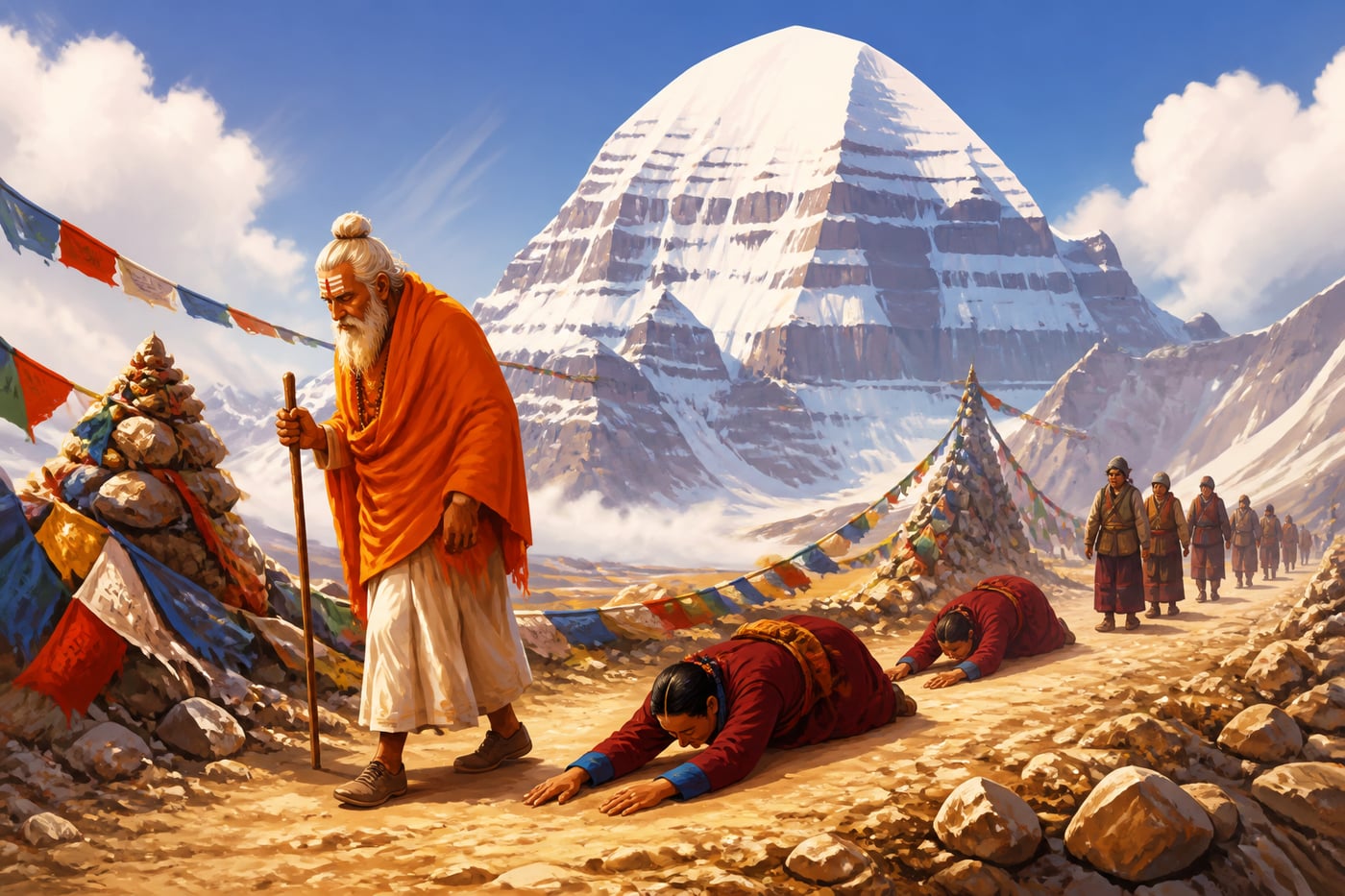 Hindu and Tibetan pilgrims walking the parikrama around Mount Kailash