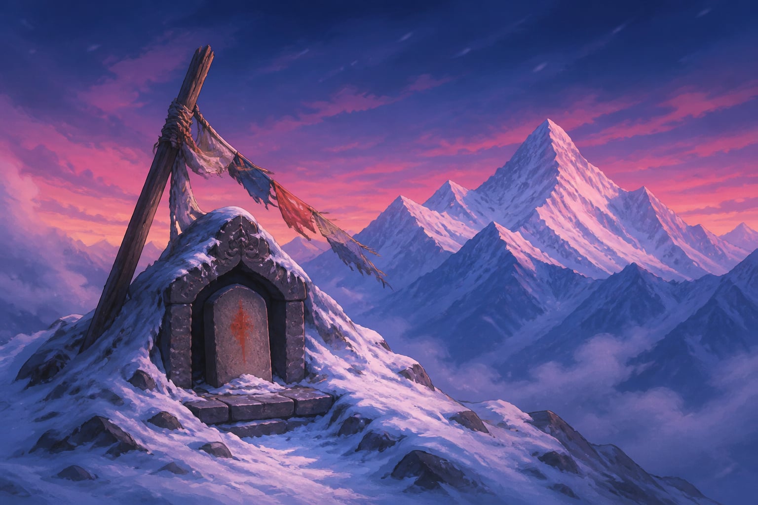 An abandoned Shakti shrine half-buried in snow on a remote Tibetan ridge