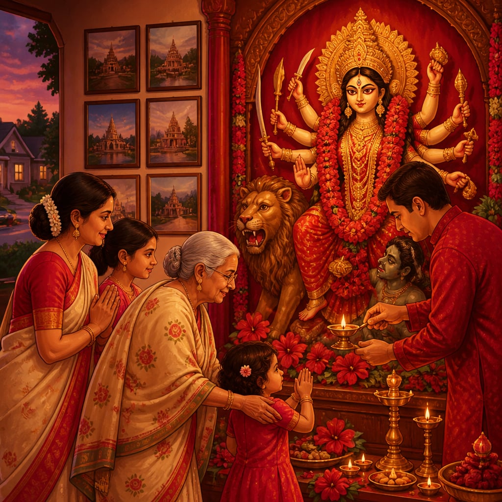 Diaspora Hindu Shakti shrine with three generations of a Bengali American family