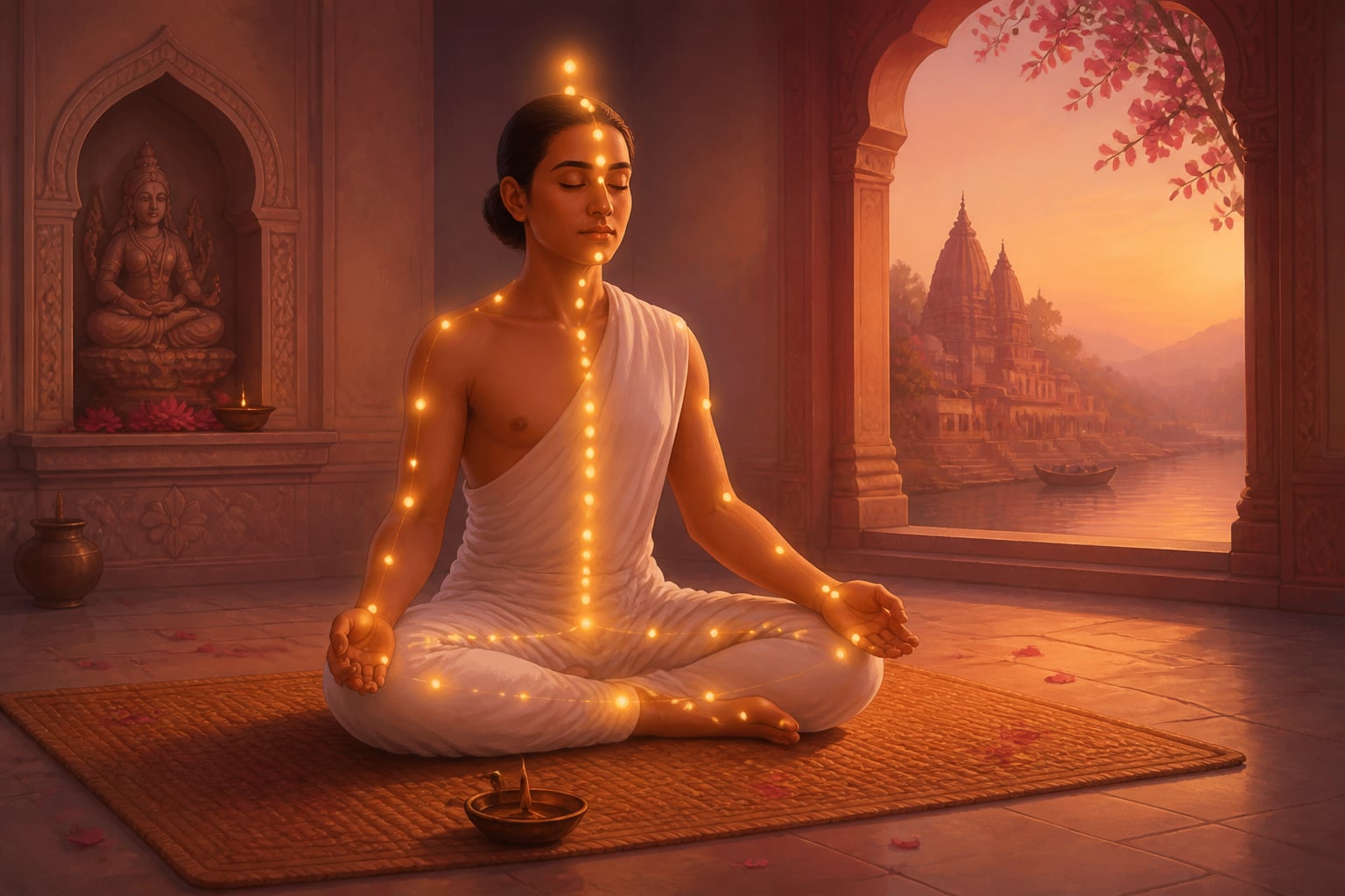 Fifty-one peethas glowing as inner energy points on a meditating practitioner
