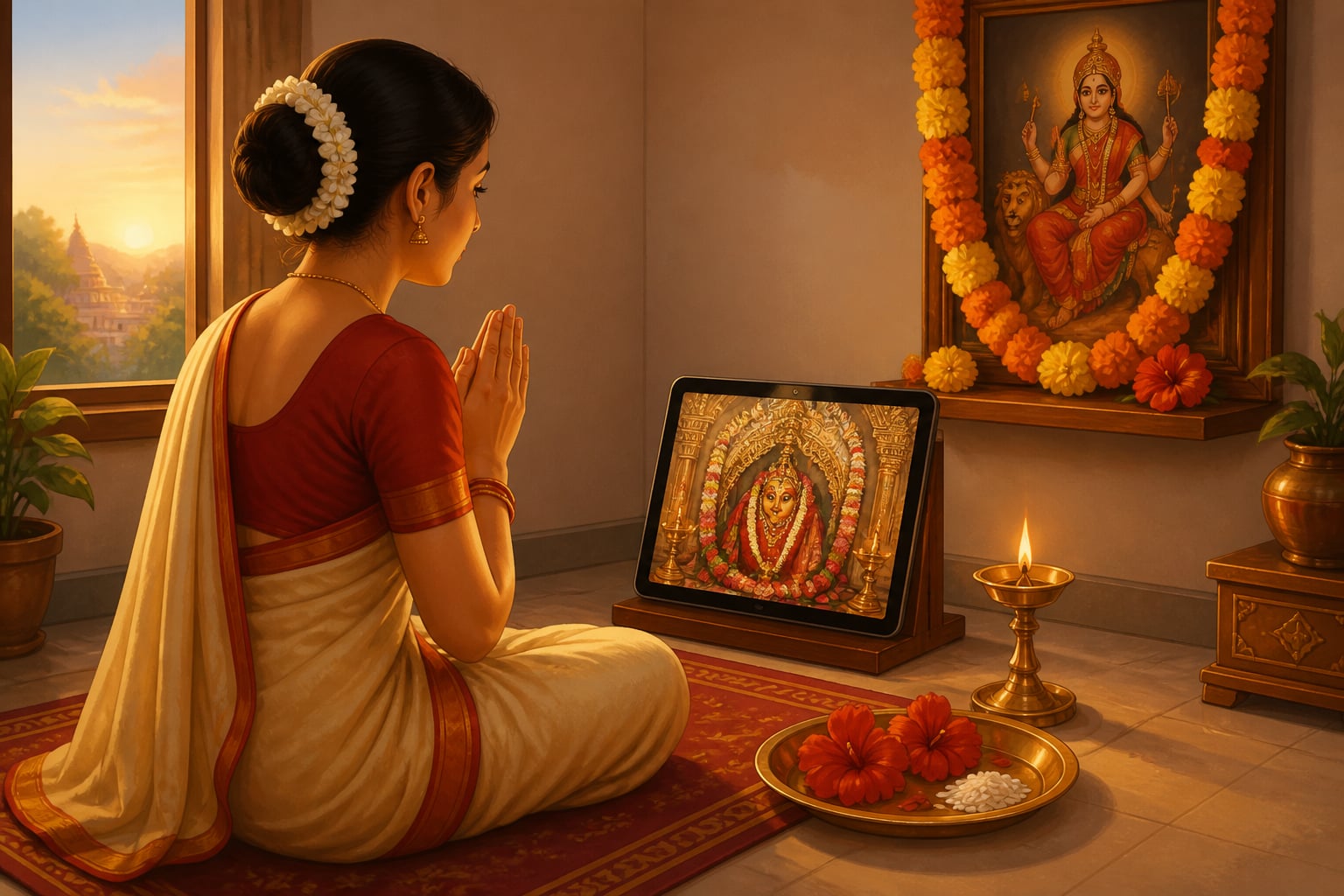 A devotee watching a live virtual darshan of Kamakhya on a home tablet shrine