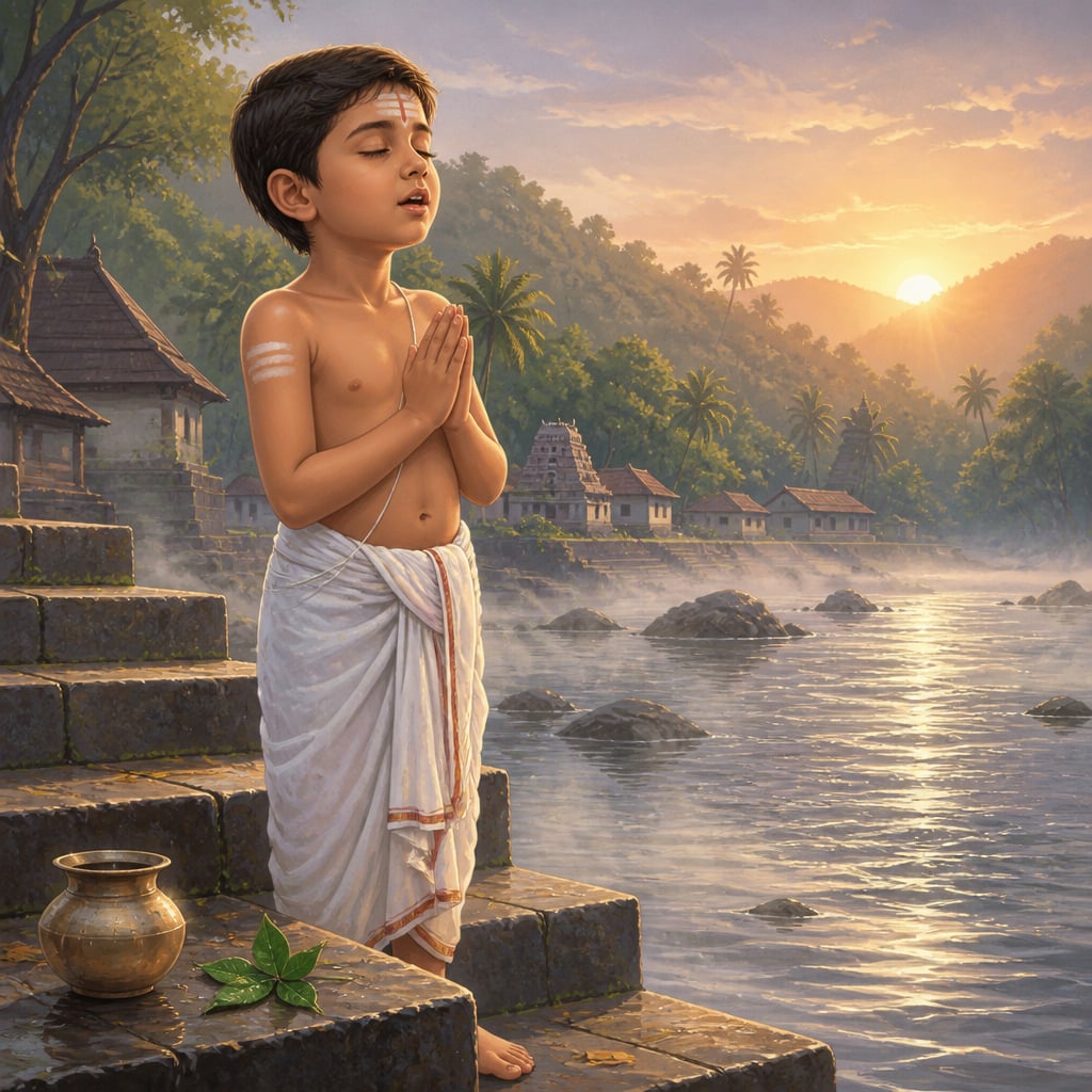 Young Shankara at the Periyar river at first light, palms folded, chanting the Panchakshari mantra
