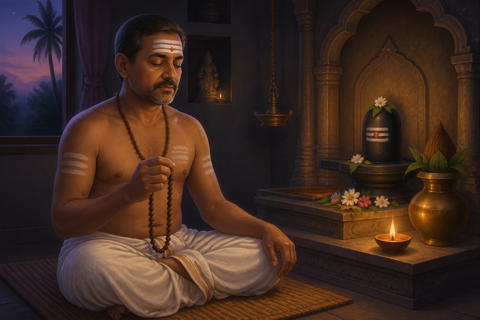 A modern householder doing daily Panchakshari japa at his home shrine
